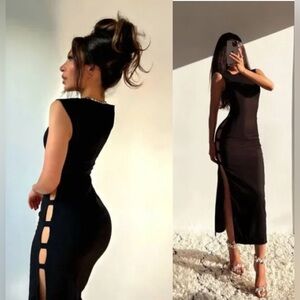 Zara Black Fitted Midi Dress Open